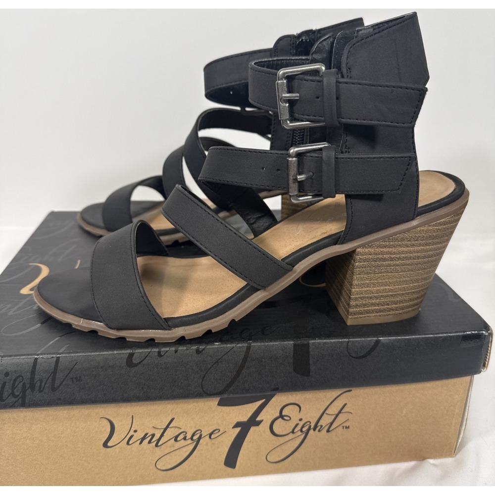 Vintage 7 Eight Whitley Sandals Womens 10 Black Strappy Buckle Block Heel Shoes